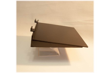 Close-up of Shelf2000 double shelf mounted on slatwall panel Close-up of Shelf2000 double shelf mounted on slatwall panel