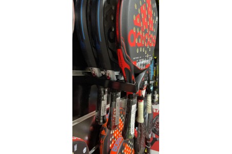 Triple slatwall padel racket holder displaying three padel rackets by Shelf2000