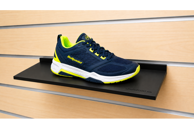 Compact black ABS shoe display shelf for a compatible slatwall panel