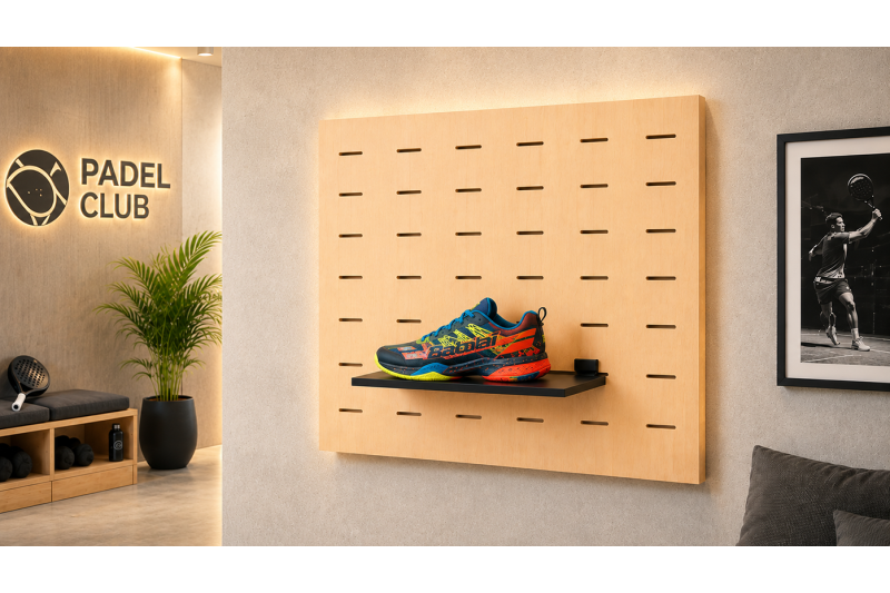 Exposition modulaire de chaussures avec plusieurs étagères installées sur un panneau rainuré