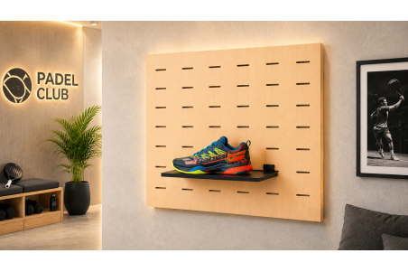 Étagère compacte pour chaussures installée sur un panneau rainuré en bois