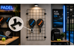 Padel racket holder for metal mesh panel with enlarged detail of the display hook.