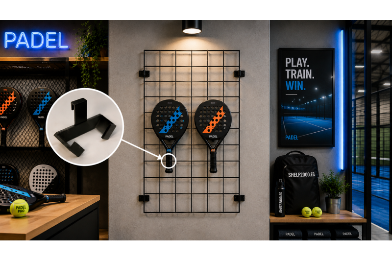 Support pour raquettes de padel sur grille métallique avec détail agrandi du crochet d’exposition.