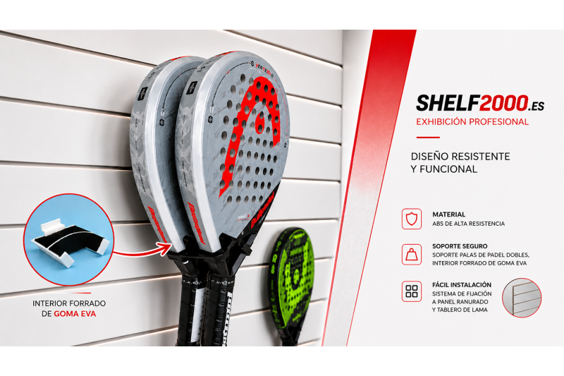 Double padel racket holder for slatwall | Shelf2000