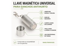Universal magnetic key for anti-theft peg hooks with neodymium magnet and lightweight aluminium body.