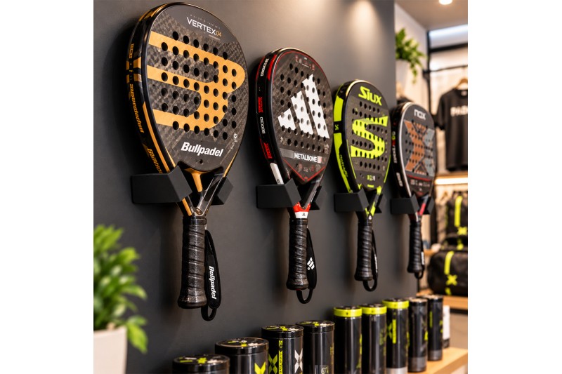 Palas de pádel expuestas en tienda sobre soportes individuales de pared Shelf2000, sin panel de fondo