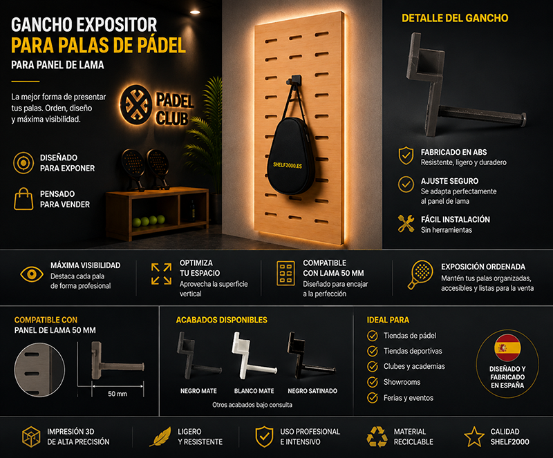 Infograf&iacute;a del gancho expositor para palas de p&aacute;del compatible con paneles de lama de 50 mm, fabricado en ABS mediante impresi&oacute;n 3D para tiendas de p&aacute;del, clubes deportivos y showrooms.