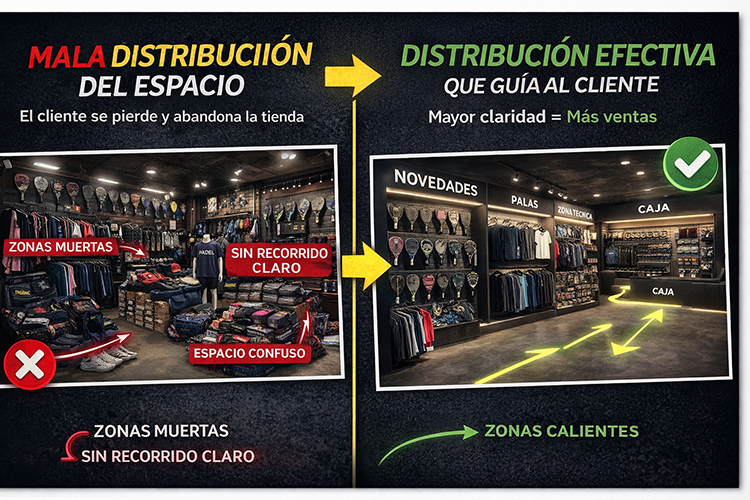 productos mal exhibidos en tienda de pádel y ejemplo de organización correcta