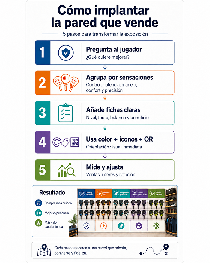 Infografía con los cinco pasos para implantar una pared de palas que ayuda a vender