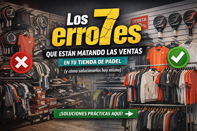 Comparativa entre una tienda de pádel desordenada y una bien organizada con recorrido claro y productos destacados.