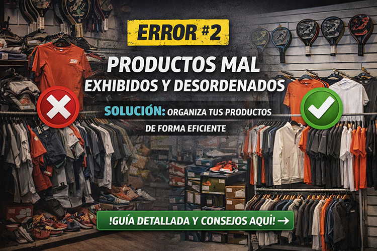 mala distribución del espacio y exceso de producto en tienda de pádel con solución de visual merchandising