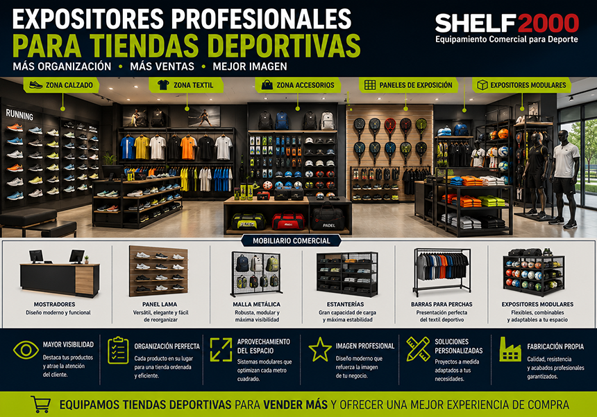 Expositores profesionales para tiendas deportivas Shelf2000 con mobiliario comercial, paneles de exposición, estanterías y sistemas modulares