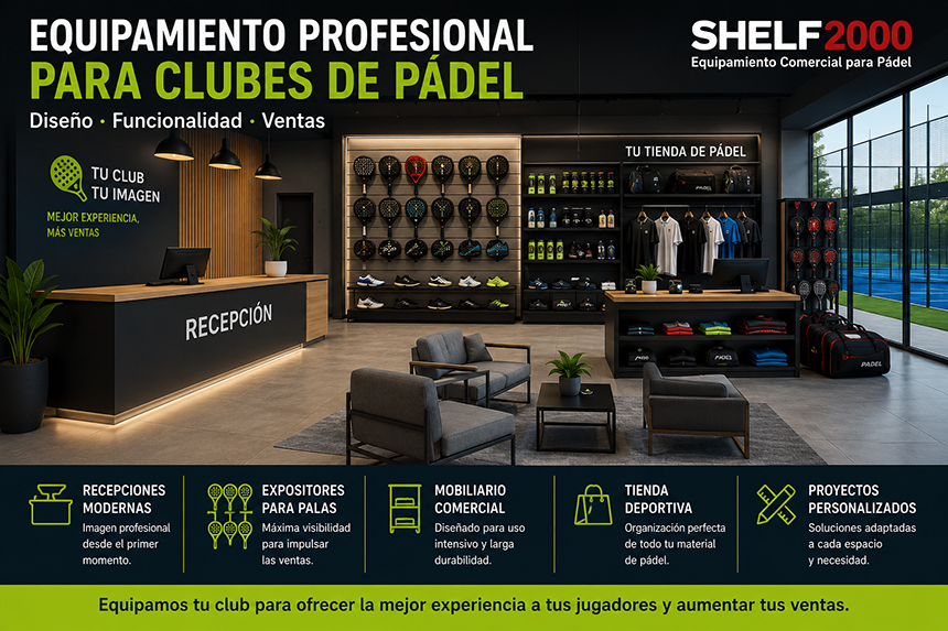 Equipamiento profesional para clubes de pádel Shelf2000 con recepción, tienda deportiva, expositores para palas y mobiliario comercial