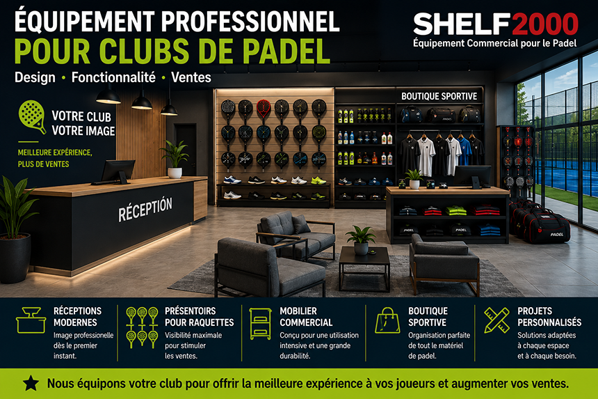 Équipement professionnel Shelf2000 pour clubs de padel avec réception, boutique sportive, présentoirs pour raquettes et mobilier commercial