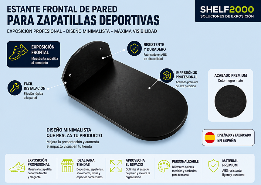 Infograf&iacute;a del estante frontal de pared para zapatillas deportivas fabricado mediante impresi&oacute;n 3D en ABS, ideal para tiendas de deporte, zapater&iacute;as, showrooms y espacios comerciales.