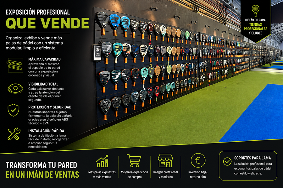 Infografía de una exposición profesional de palas de pádel utilizando soportes para panel de lama Shelf2000. Sistema modular que optimiza el espacio, mejora la visibilidad de las palas y aumenta las ventas en tiendas y clubes de pádel.