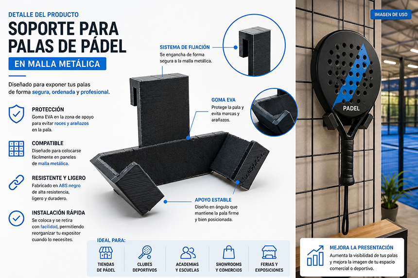 Infograf&iacute;a del soporte para palas de p&aacute;del en malla met&aacute;lica fabricado en ABS negro con goma EVA, mostrando el detalle del sistema de fijaci&oacute;n, la protecci&oacute;n de la pala y su instalaci&oacute;n sobre un panel de malla en un club de p&aacute;del.