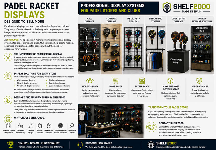 Professional padel racket displays by Shelf2000 for wall, slatwall, metal mesh, display rail, countertop and modular retail systems