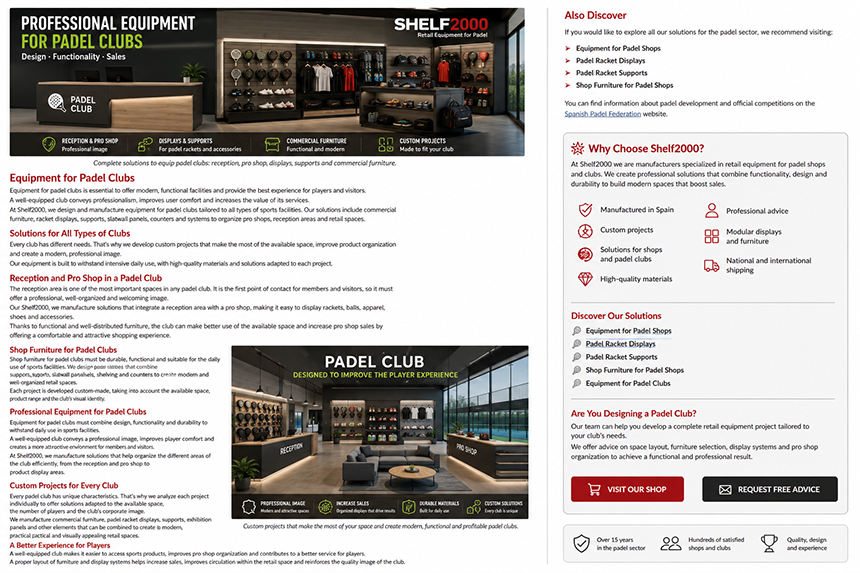 Professional equipment for padel clubs by Shelf2000 with reception area, pro shop, racket displays, supports and commercial furniture