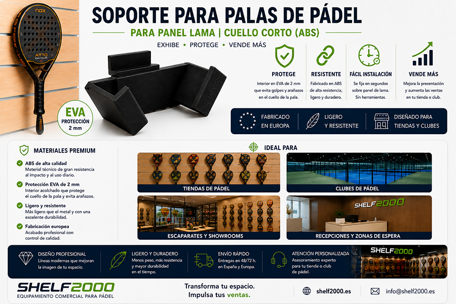 Infograf&iacute;a del soporte para palas de p&aacute;del para panel de lama con cuello corto de ABS, protecci&oacute;n EVA de 2 mm, fabricaci&oacute;n europea e instalaciones en tiendas y clubes de p&aacute;del.