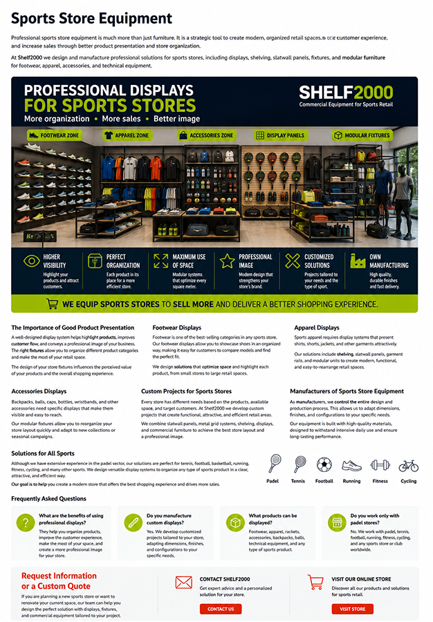 Professional displays for sports stores by Shelf2000 with commercial furniture, display panels, modular fixtures, shelving and retail equipment