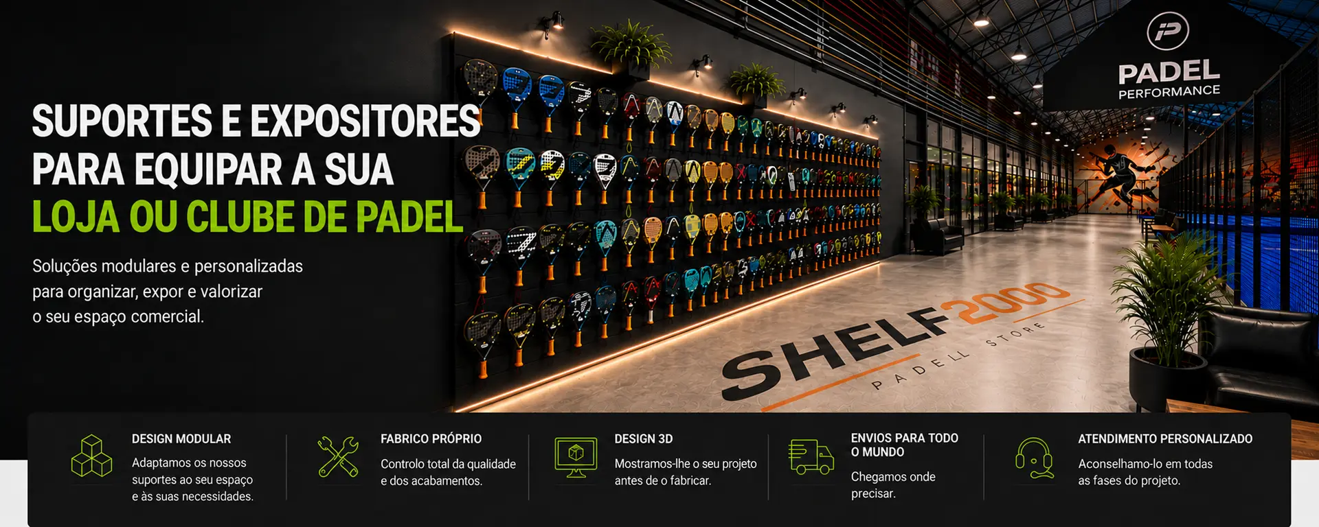 Suportes e expositores para lojas e clubes de padel