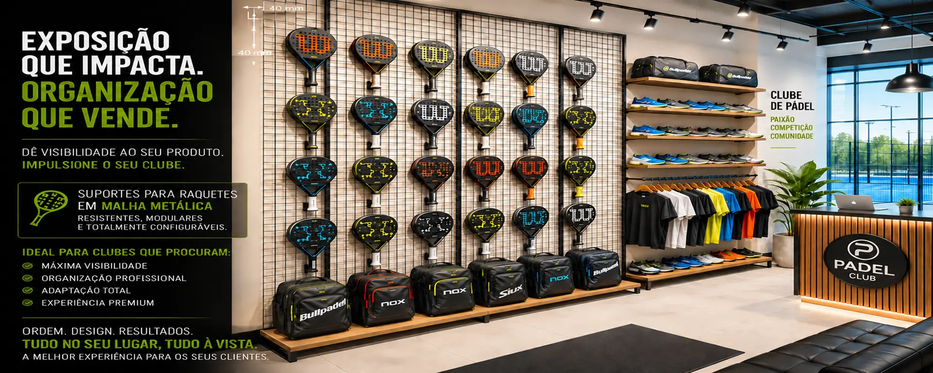 Suportes para raquetes de padel em malha metálica para clubes