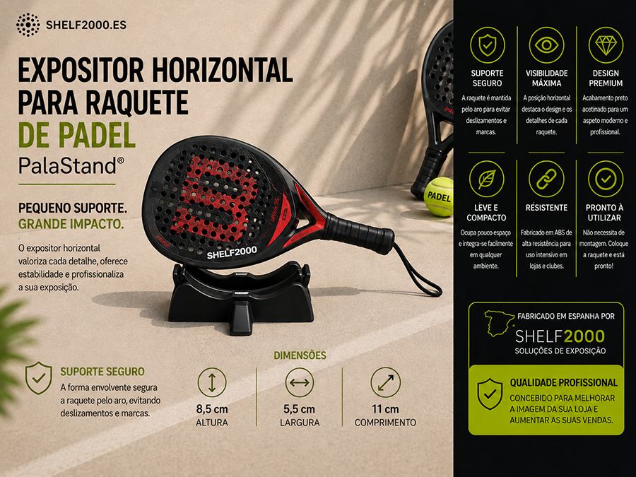 Infogr&aacute;fico do expositor horizontal PalaStand para raquete de padel em ABS, com medidas, suporte seguro e acabamento preto acetinado.