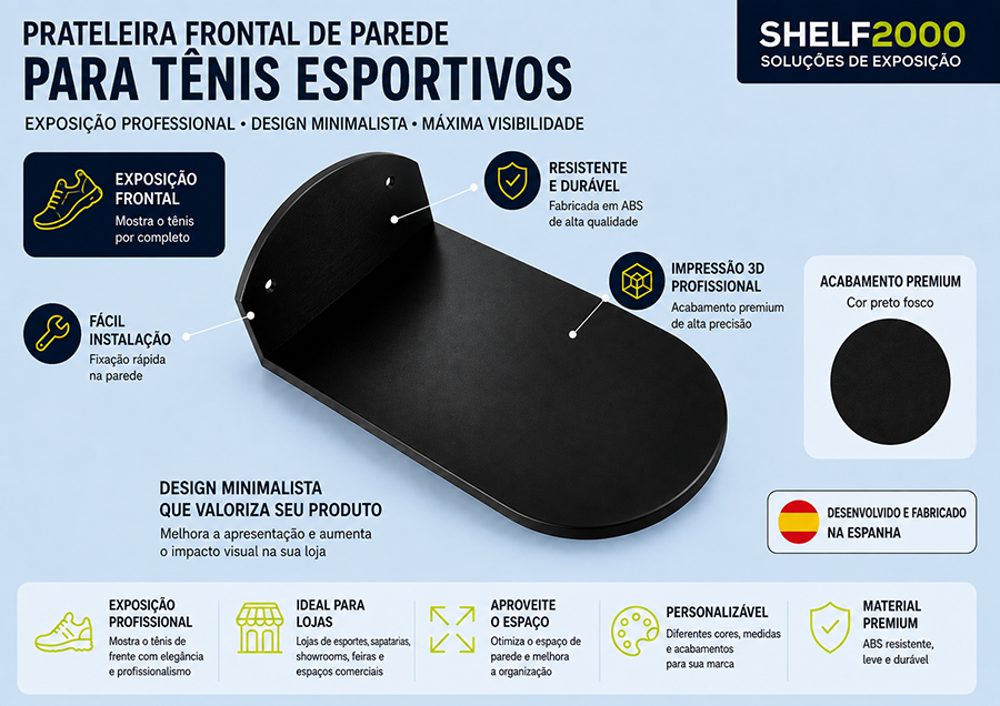 Infogr&aacute;fico da prateleira mural para sapatilhas desportivas em ABS preto, com exposi&ccedil;&atilde;o frontal, instala&ccedil;&atilde;o na parede e design compacto para lojas.