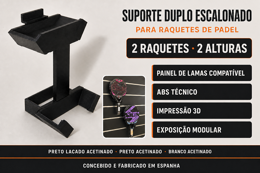 Infograf&iacute;a del soporte doble escalonado para dos palas de p&aacute;del en panel de lamas, fabricado en ABS mediante impresi&oacute;n 3D.