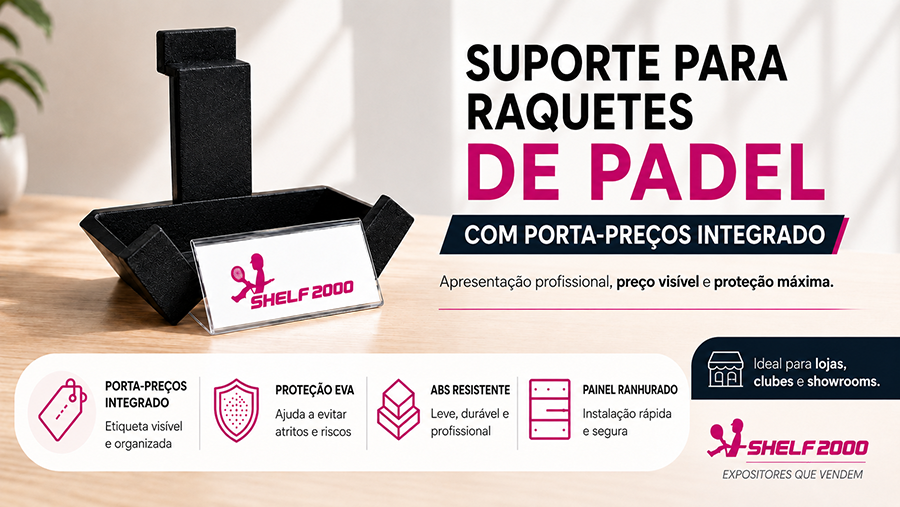 Infogr&aacute;fico de suporte para raquetes de padel com porta-pre&ccedil;os integrado, prote&ccedil;&atilde;o EVA e instala&ccedil;&atilde;o em painel ranhurado.