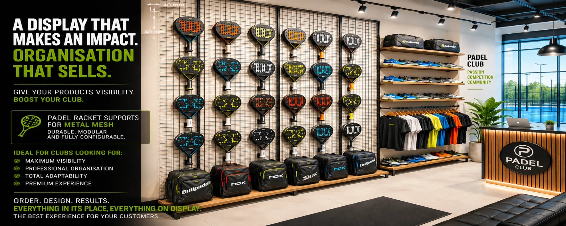 Metal mesh display system for padel rackets in a professional padel club | Shelf2000