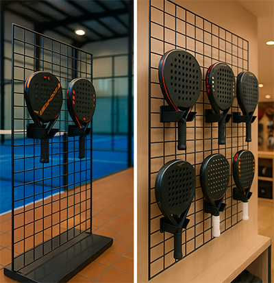 Exposición moderna de palas de pádel con soportes Shelf2000.es
