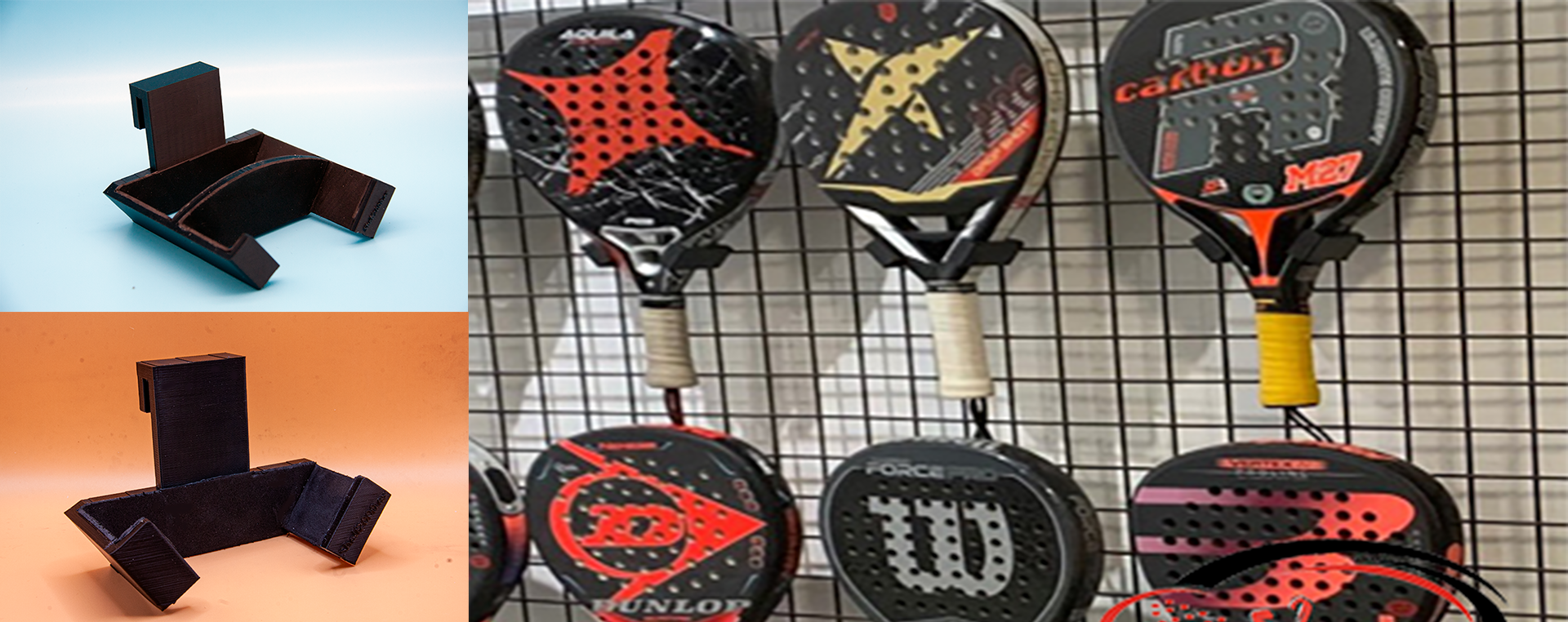 Exposición de palas de pádel sobre malla metálica con soportes Shelf2000.es