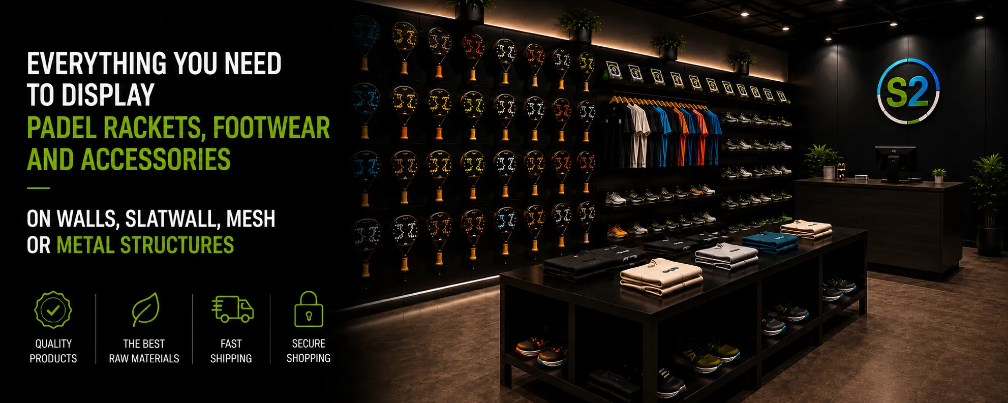 Padel rackets, footwear and accessories displayed in a modern padel shop | Shelf2000
