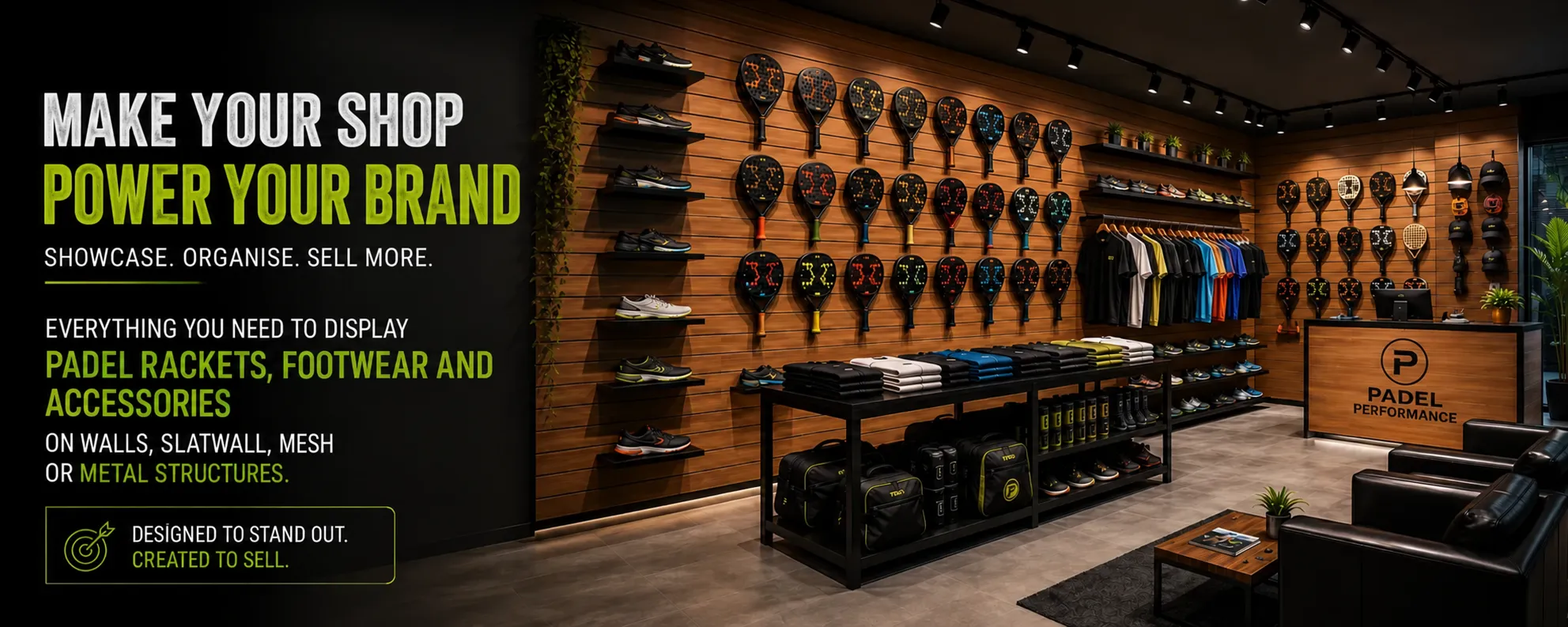 Professional padel shop with racket, footwear and accessory displays | Shelf2000