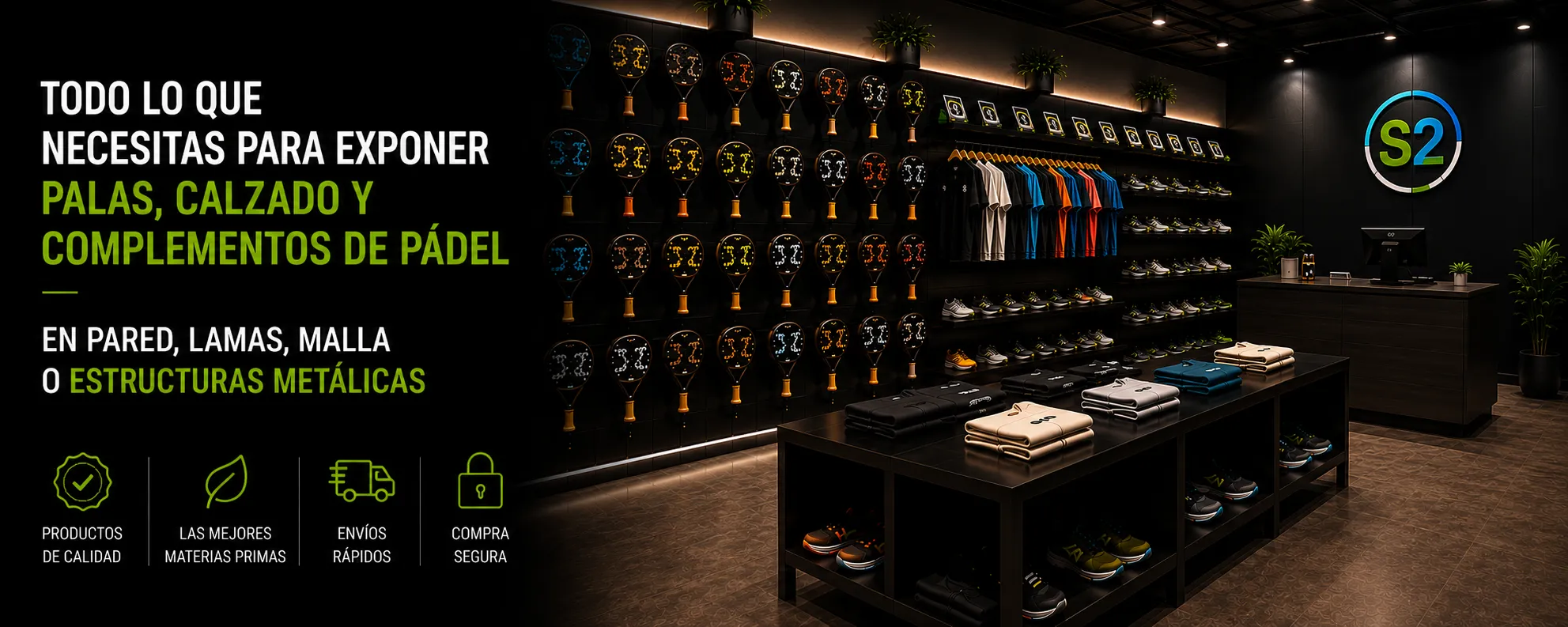Tienda de pádel moderna con exposición profesional de palas, calzado y accesorios deportivos, equipada con soportes y sistemas de exhibición para pared, lamas y estructuras metálicas.