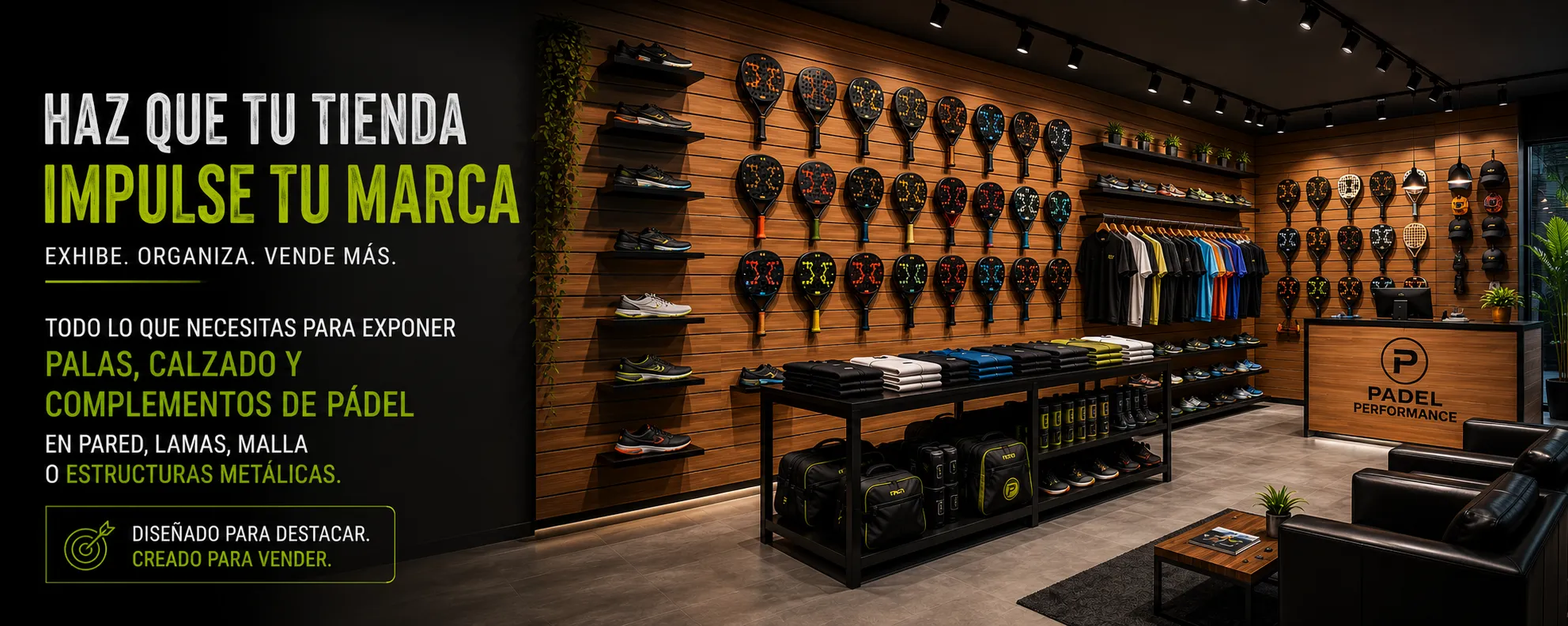 Exposición profesional de palas de pádel, calzado y accesorios en tienda moderna de pádel, equipada con soportes para pared, panel lama y estructuras metálicas para mejorar la organización y la visibilidad del producto.