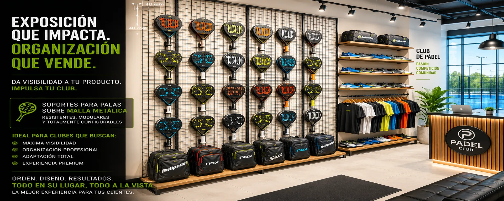 Exposición de palas de pádel sobre malla metálica en tienda y club profesional, con sistema modular de soportes para mejorar la organización, visibilidad y presentación de palas, bolsas, calzado y accesorios de pádel.