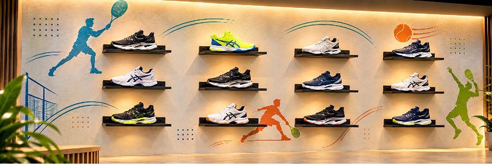 Estantes y zapatilleros para tienda de pádel con soportes negros de pared y exposición de calzado deportivo