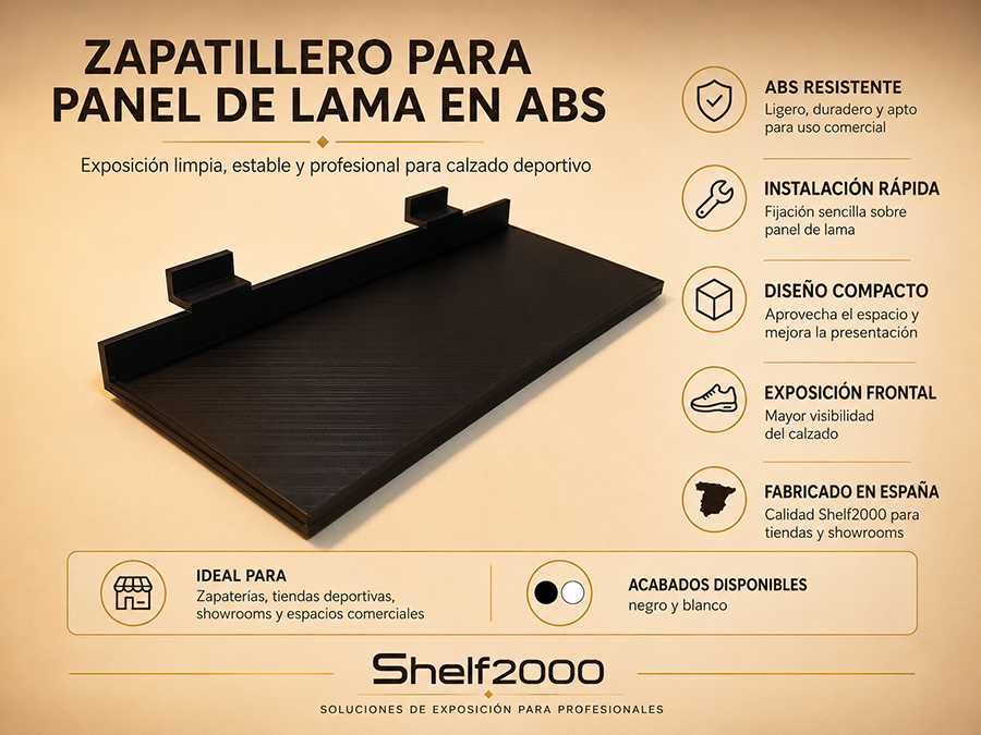 Infograf&iacute;a del estante para calzado en panel de lama fabricado en ABS, con instalaci&oacute;n r&aacute;pida, dise&ntilde;o compacto y acabados en negro y blanco.