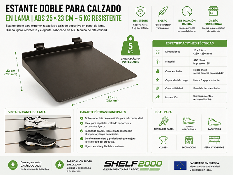 Estante doble para calzado en panel de lama fabricado en ABS t&eacute;cnico para tiendas deportivas