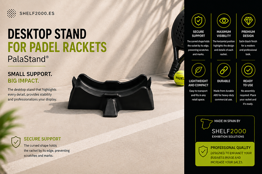 Infographic of the PalaStand horizontal padel racket display stand made from durable ABS for shop windows, counters and display cases.