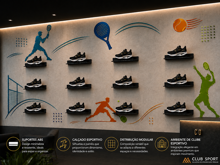 Infogr&aacute;fico da prateleira para cal&ccedil;ado em painel de lamas fabricada em ABS, com instala&ccedil;&atilde;o r&aacute;pida, design compacto e acabamentos em preto e branco.