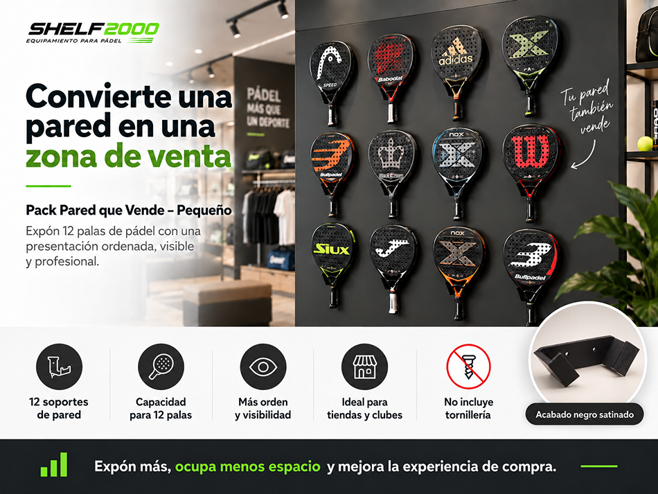 Pack de 12 soportes de pared Shelf2000 para exponer 12 palas de p&aacute;del en tiendas y clubes