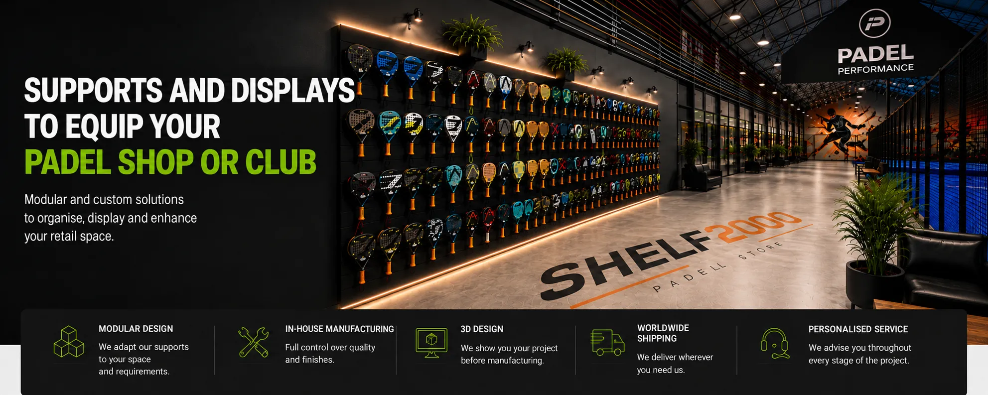 Modular supports and displays for padel shops and clubs | Shelf2000