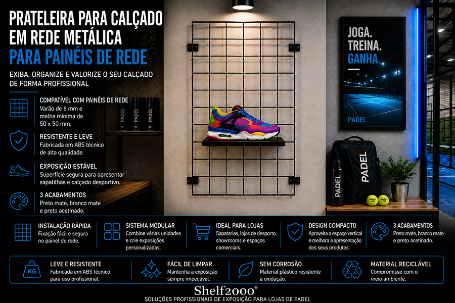 Infogr&aacute;fico da prateleira para cal&ccedil;ado em rede met&aacute;lica fabricada em ABS, concebida para expor sapatilhas e cal&ccedil;ado desportivo em lojas e showrooms.