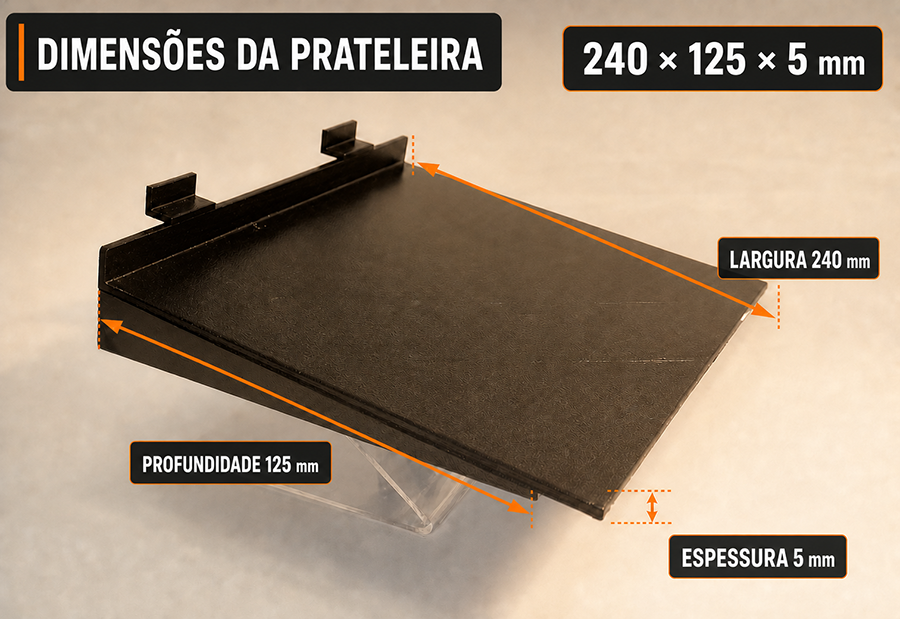 Infografia da prateleira compacta para cal&ccedil;ado em painel de lamas, com 240 mm de largura, 125 mm de profundidade e 5 mm de espessura
