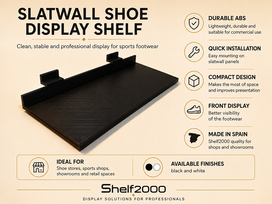 Infographic of the Shelf2000 slatwall shoe display shelf made from durable ABS, with quick installation, compact design and black and white finishes.