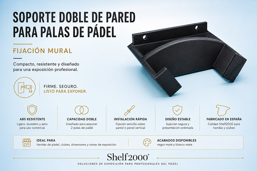 Infografía del soporte doble de pared para palas de pádel en ABS, con capacidad para dos palas, fijación mural y diseño profesional.